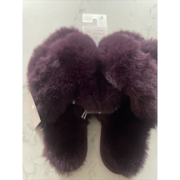 NWT Lauren Conrad LC X Band Faux Fur Slide Slippers Purple Size S Small 6/7 Cozy - Picture 2 of 4